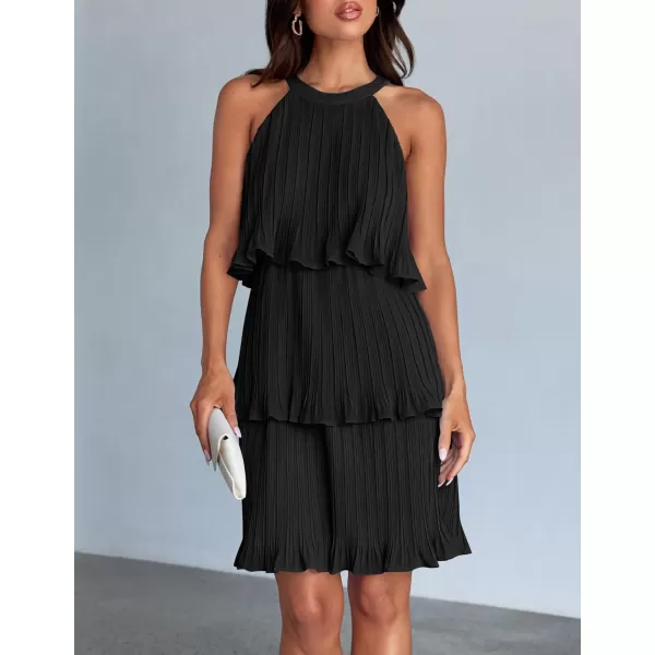 imageZESICA Womens 2024 Summer Halter Dresses Sleeveless Ruffle Tiered Layered Chiffon Pleated A Line Swing Mini DressDark Black