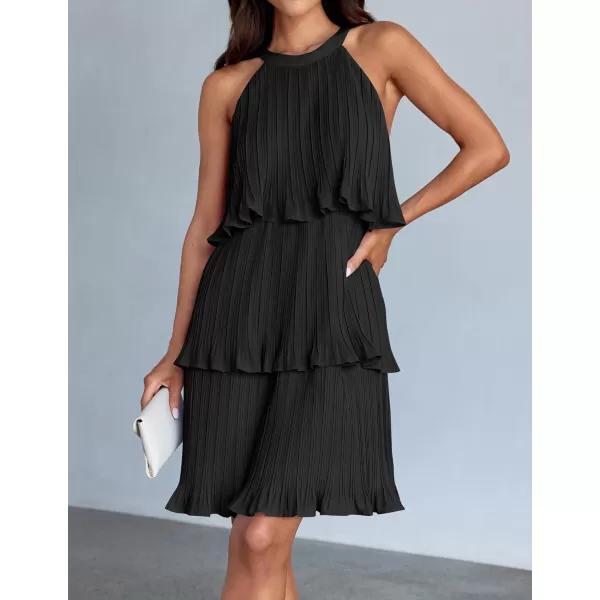 imageZESICA Womens 2024 Summer Halter Dresses Sleeveless Ruffle Tiered Layered Chiffon Pleated A Line Swing Mini DressDark Black