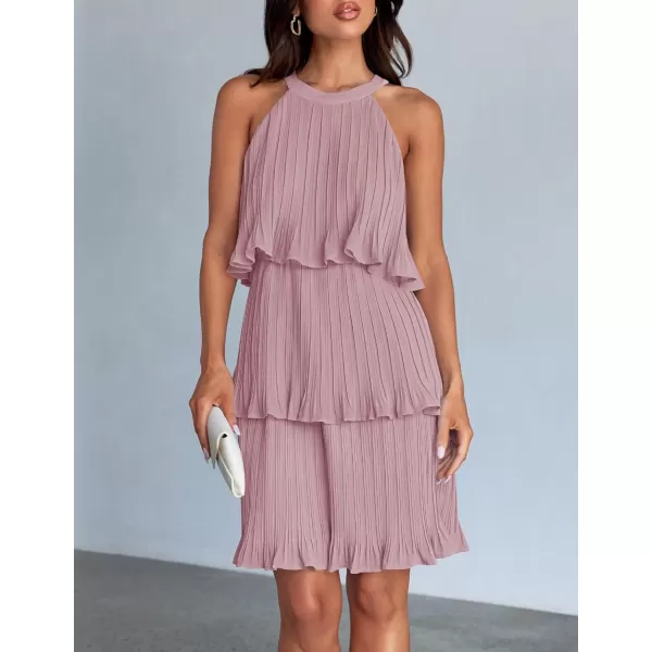 imageZESICA Womens 2024 Summer Halter Dresses Sleeveless Ruffle Tiered Layered Chiffon Pleated A Line Swing Mini DressDarkpink