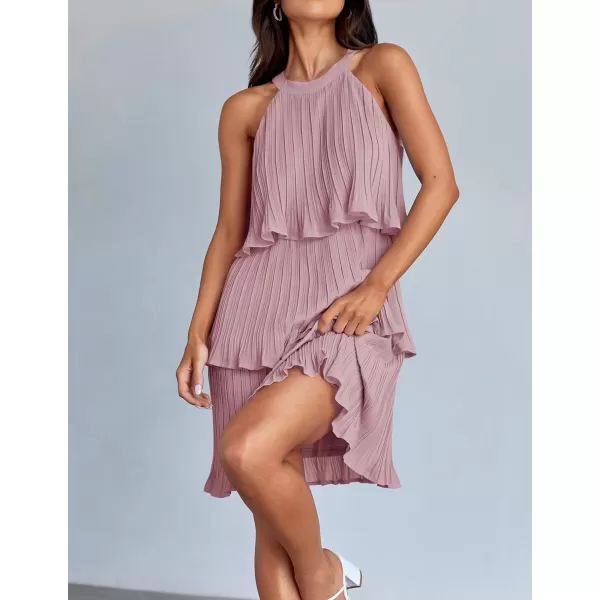imageZESICA Womens 2024 Summer Halter Dresses Sleeveless Ruffle Tiered Layered Chiffon Pleated A Line Swing Mini DressDarkpink