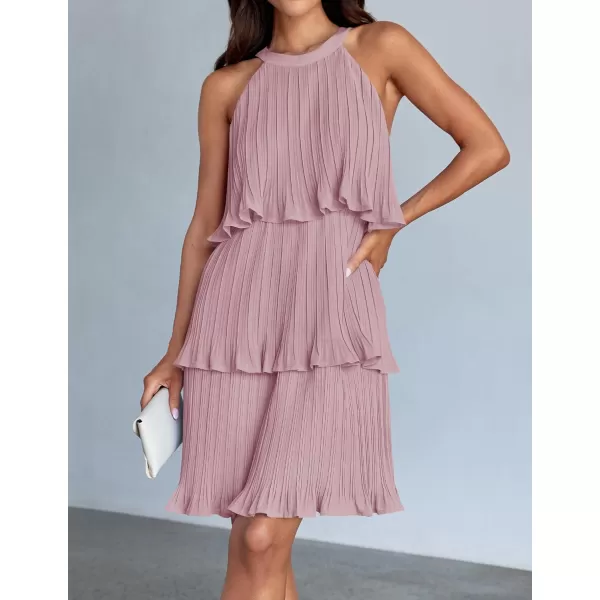 imageZESICA Womens 2024 Summer Halter Dresses Sleeveless Ruffle Tiered Layered Chiffon Pleated A Line Swing Mini DressDarkpink