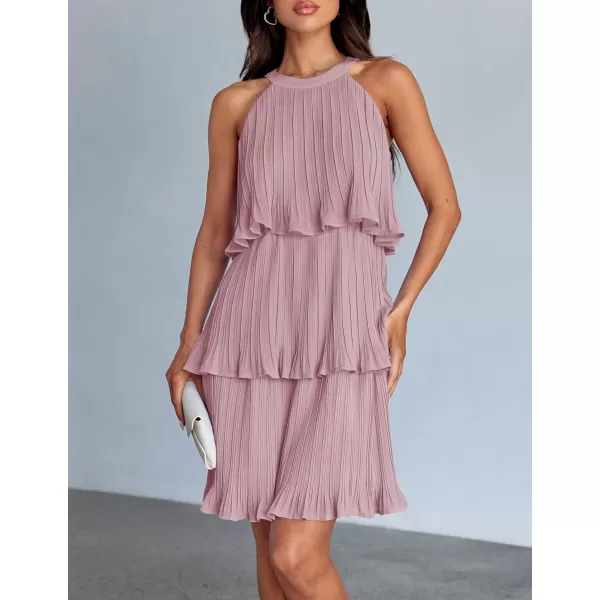 imageZESICA Womens 2024 Summer Halter Dresses Sleeveless Ruffle Tiered Layered Chiffon Pleated A Line Swing Mini DressDarkpink