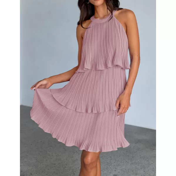 imageZESICA Womens 2024 Summer Halter Dresses Sleeveless Ruffle Tiered Layered Chiffon Pleated A Line Swing Mini DressDarkpink