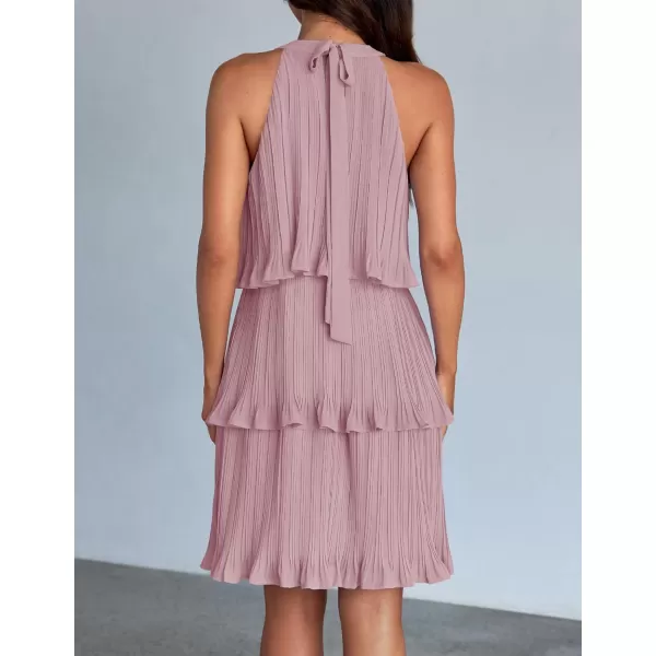 imageZESICA Womens 2024 Summer Halter Dresses Sleeveless Ruffle Tiered Layered Chiffon Pleated A Line Swing Mini DressDarkpink