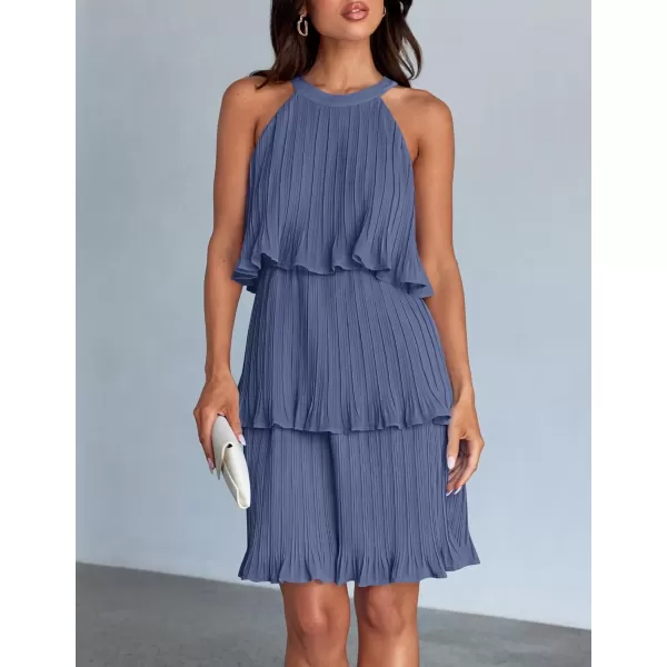 imageZESICA Womens 2024 Summer Halter Dresses Sleeveless Ruffle Tiered Layered Chiffon Pleated A Line Swing Mini DressDusty Blue