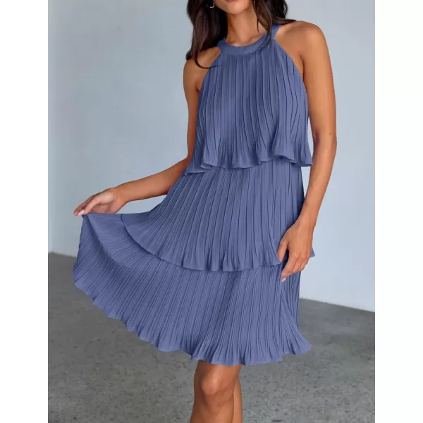 imageZESICA Womens 2024 Summer Halter Dresses Sleeveless Ruffle Tiered Layered Chiffon Pleated A Line Swing Mini DressDusty Blue
