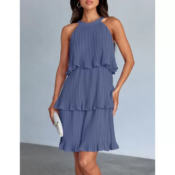 imageZESICA Womens 2024 Summer Halter Dresses Sleeveless Ruffle Tiered Layered Chiffon Pleated A Line Swing Mini DressDusty Blue