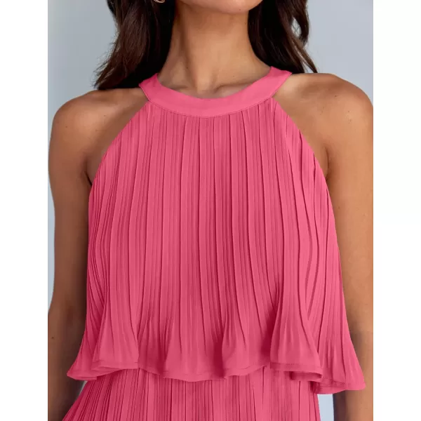imageZESICA Womens 2024 Summer Halter Dresses Sleeveless Ruffle Tiered Layered Chiffon Pleated A Line Swing Mini DressHot Pink