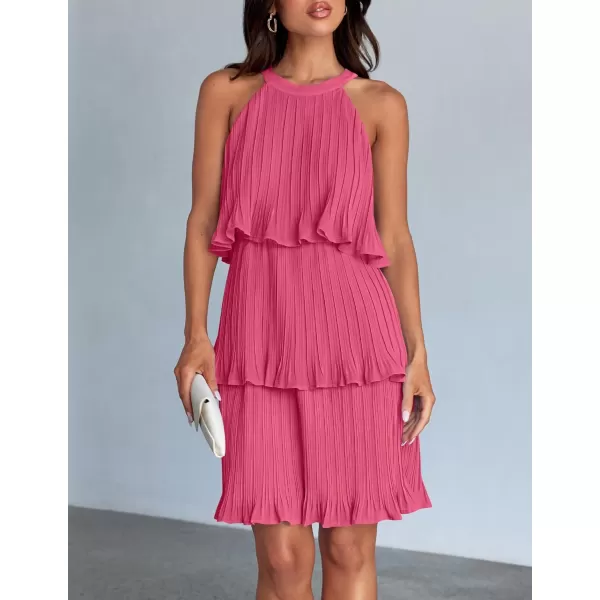 imageZESICA Womens 2024 Summer Halter Dresses Sleeveless Ruffle Tiered Layered Chiffon Pleated A Line Swing Mini DressHot Pink