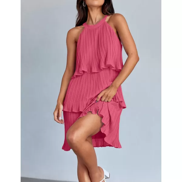 imageZESICA Womens 2024 Summer Halter Dresses Sleeveless Ruffle Tiered Layered Chiffon Pleated A Line Swing Mini DressHot Pink