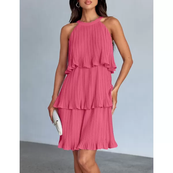 imageZESICA Womens 2024 Summer Halter Dresses Sleeveless Ruffle Tiered Layered Chiffon Pleated A Line Swing Mini DressHot Pink