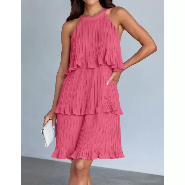 imageZESICA Womens 2024 Summer Halter Dresses Sleeveless Ruffle Tiered Layered Chiffon Pleated A Line Swing Mini DressHot Pink