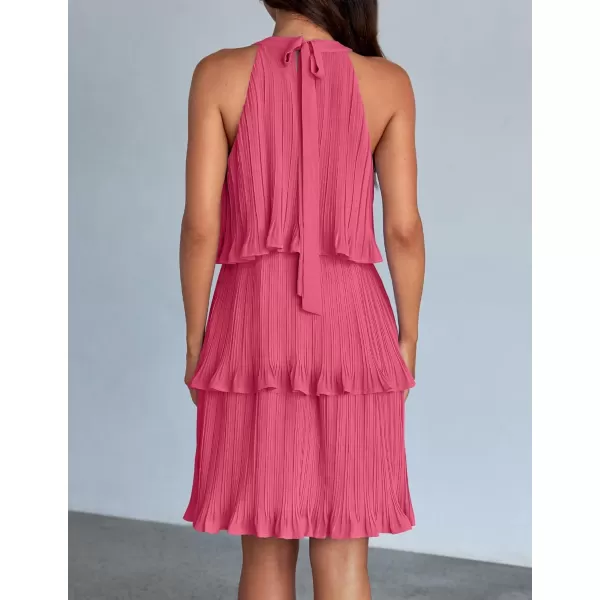 imageZESICA Womens 2024 Summer Halter Dresses Sleeveless Ruffle Tiered Layered Chiffon Pleated A Line Swing Mini DressHot Pink