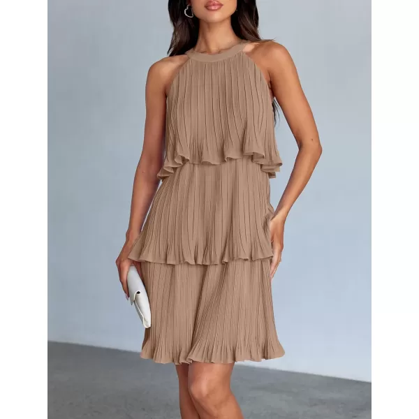 imageZESICA Womens 2024 Summer Halter Dresses Sleeveless Ruffle Tiered Layered Chiffon Pleated A Line Swing Mini DressKhaki