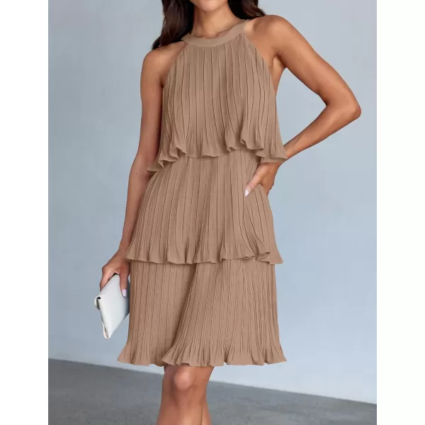 imageZESICA Womens 2024 Summer Halter Dresses Sleeveless Ruffle Tiered Layered Chiffon Pleated A Line Swing Mini DressKhaki