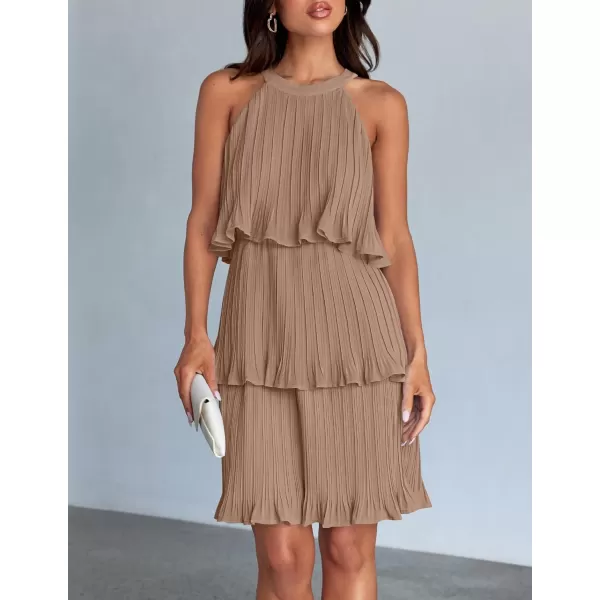 imageZESICA Womens 2024 Summer Halter Dresses Sleeveless Ruffle Tiered Layered Chiffon Pleated A Line Swing Mini DressKhaki