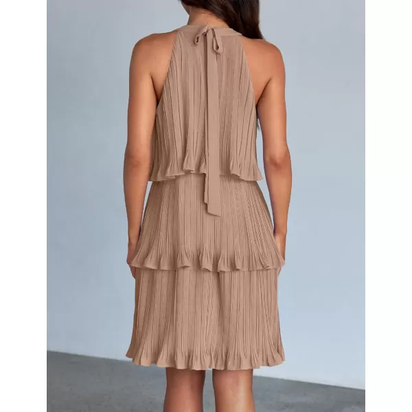 imageZESICA Womens 2024 Summer Halter Dresses Sleeveless Ruffle Tiered Layered Chiffon Pleated A Line Swing Mini DressKhaki