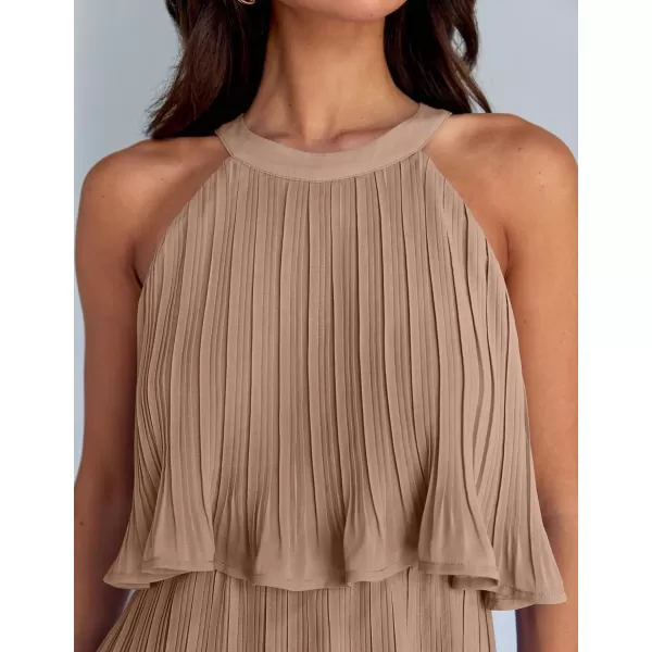 imageZESICA Womens 2024 Summer Halter Dresses Sleeveless Ruffle Tiered Layered Chiffon Pleated A Line Swing Mini DressKhaki