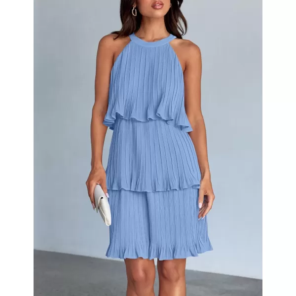 imageZESICA Womens 2024 Summer Halter Dresses Sleeveless Ruffle Tiered Layered Chiffon Pleated A Line Swing Mini DressLight Blue