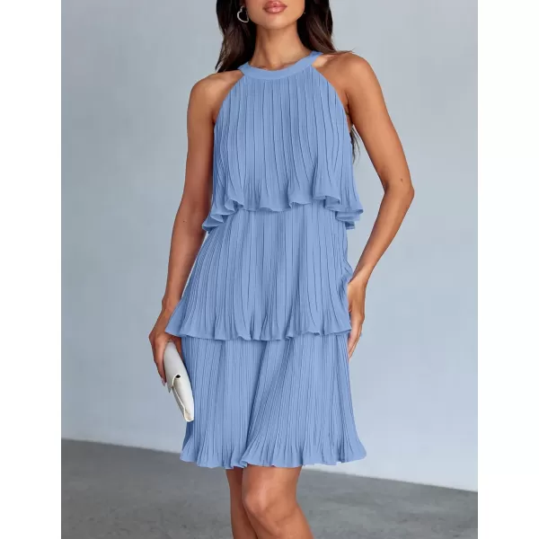 imageZESICA Womens 2024 Summer Halter Dresses Sleeveless Ruffle Tiered Layered Chiffon Pleated A Line Swing Mini DressLight Blue