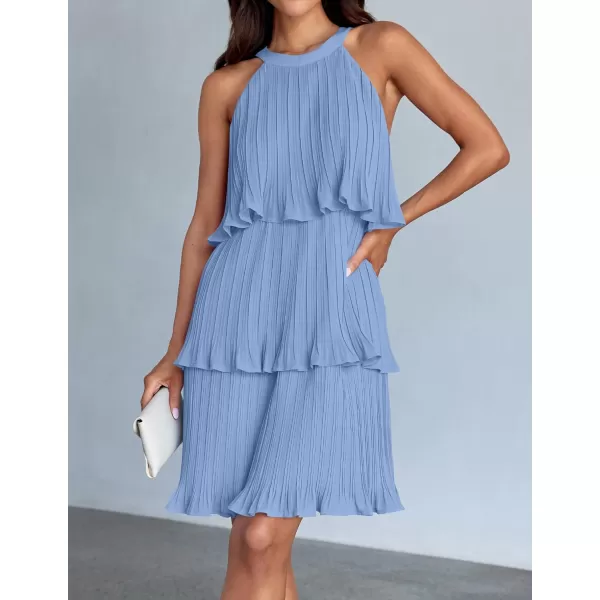imageZESICA Womens 2024 Summer Halter Dresses Sleeveless Ruffle Tiered Layered Chiffon Pleated A Line Swing Mini DressLight Blue