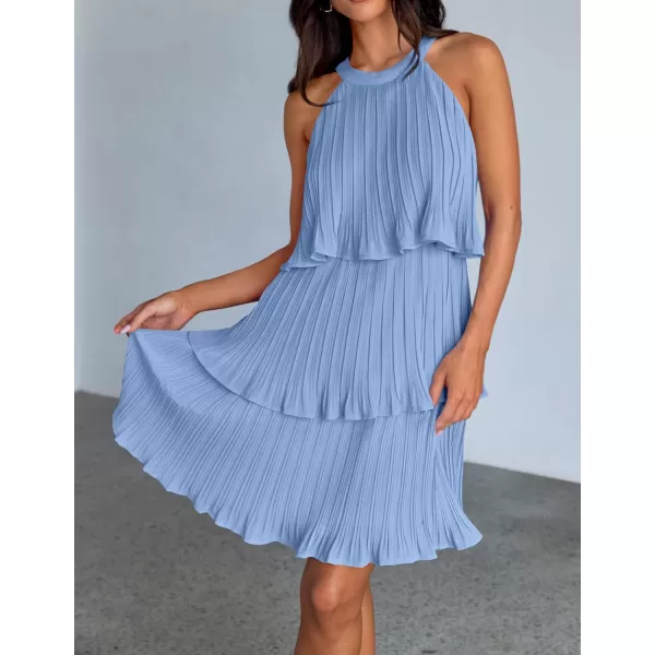 imageZESICA Womens 2024 Summer Halter Dresses Sleeveless Ruffle Tiered Layered Chiffon Pleated A Line Swing Mini DressLight Blue