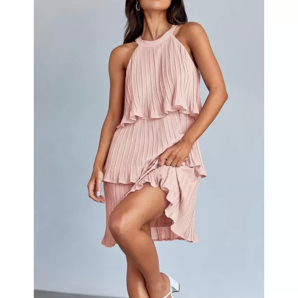imageZESICA Womens 2024 Summer Halter Dresses Sleeveless Ruffle Tiered Layered Chiffon Pleated A Line Swing Mini DressPink