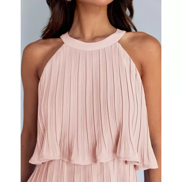 imageZESICA Womens 2024 Summer Halter Dresses Sleeveless Ruffle Tiered Layered Chiffon Pleated A Line Swing Mini DressPink