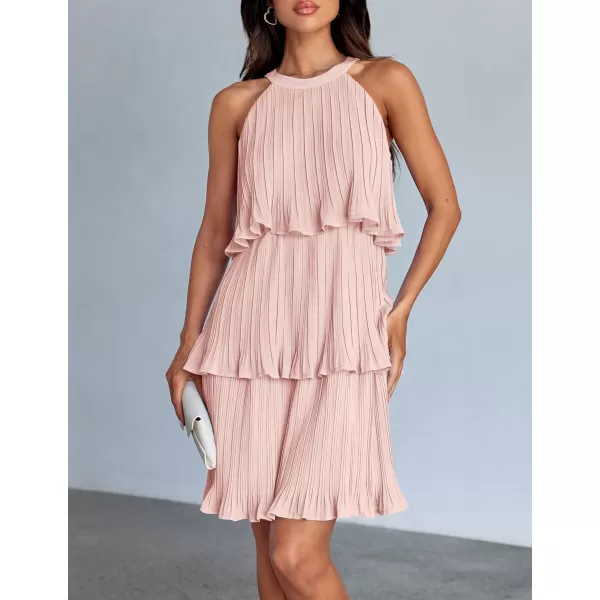 imageZESICA Womens 2024 Summer Halter Dresses Sleeveless Ruffle Tiered Layered Chiffon Pleated A Line Swing Mini DressPink