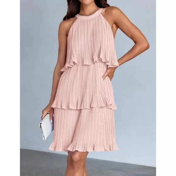 imageZESICA Womens 2024 Summer Halter Dresses Sleeveless Ruffle Tiered Layered Chiffon Pleated A Line Swing Mini DressPink