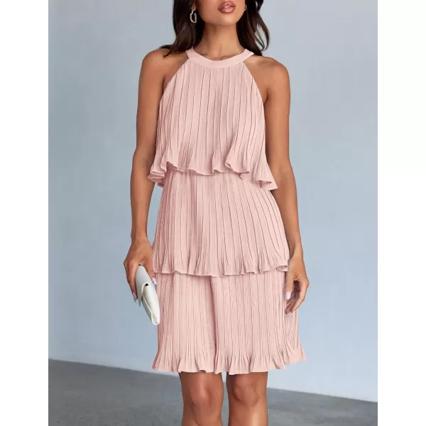 imageZESICA Womens 2024 Summer Halter Dresses Sleeveless Ruffle Tiered Layered Chiffon Pleated A Line Swing Mini DressPink