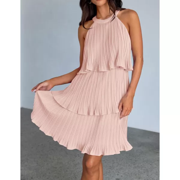 imageZESICA Womens 2024 Summer Halter Dresses Sleeveless Ruffle Tiered Layered Chiffon Pleated A Line Swing Mini DressPink