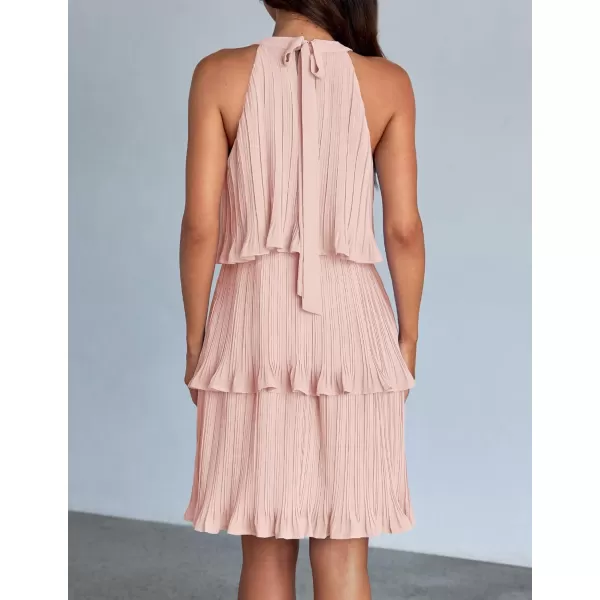 imageZESICA Womens 2024 Summer Halter Dresses Sleeveless Ruffle Tiered Layered Chiffon Pleated A Line Swing Mini DressPink