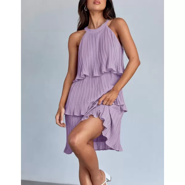 imageZESICA Womens 2024 Summer Halter Dresses Sleeveless Ruffle Tiered Layered Chiffon Pleated A Line Swing Mini DressPurple