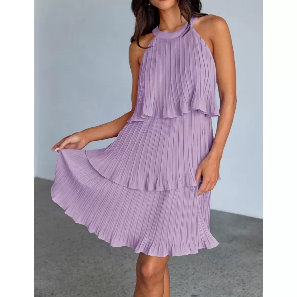 imageZESICA Womens 2024 Summer Halter Dresses Sleeveless Ruffle Tiered Layered Chiffon Pleated A Line Swing Mini DressPurple