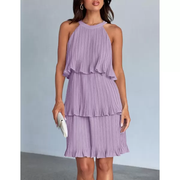 imageZESICA Womens 2024 Summer Halter Dresses Sleeveless Ruffle Tiered Layered Chiffon Pleated A Line Swing Mini DressPurple