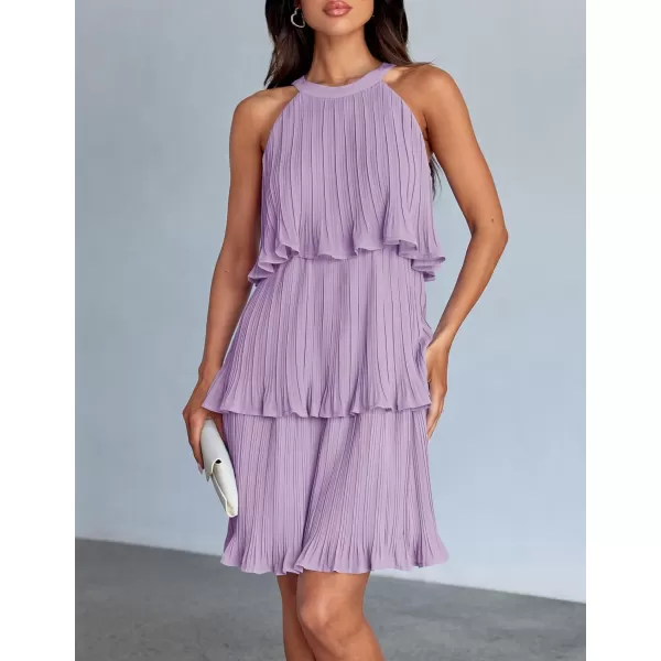 imageZESICA Womens 2024 Summer Halter Dresses Sleeveless Ruffle Tiered Layered Chiffon Pleated A Line Swing Mini DressPurple