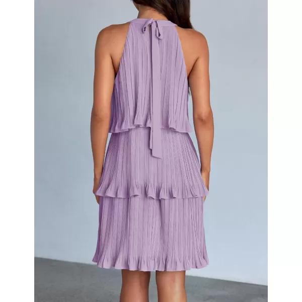 imageZESICA Womens 2024 Summer Halter Dresses Sleeveless Ruffle Tiered Layered Chiffon Pleated A Line Swing Mini DressPurple