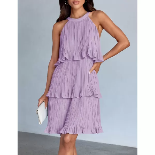 imageZESICA Womens 2024 Summer Halter Dresses Sleeveless Ruffle Tiered Layered Chiffon Pleated A Line Swing Mini DressPurple