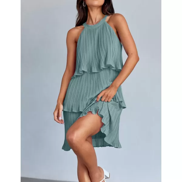imageZESICA Womens 2024 Summer Halter Dresses Sleeveless Ruffle Tiered Layered Chiffon Pleated A Line Swing Mini DressSage