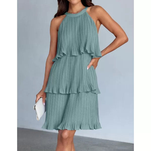 imageZESICA Womens 2024 Summer Halter Dresses Sleeveless Ruffle Tiered Layered Chiffon Pleated A Line Swing Mini DressSage
