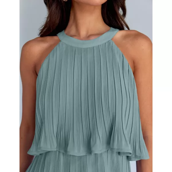 imageZESICA Womens 2024 Summer Halter Dresses Sleeveless Ruffle Tiered Layered Chiffon Pleated A Line Swing Mini DressSage