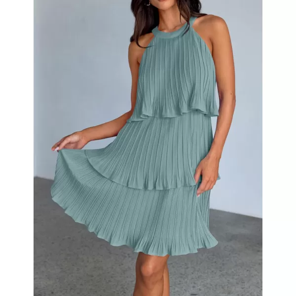 imageZESICA Womens 2024 Summer Halter Dresses Sleeveless Ruffle Tiered Layered Chiffon Pleated A Line Swing Mini DressSage