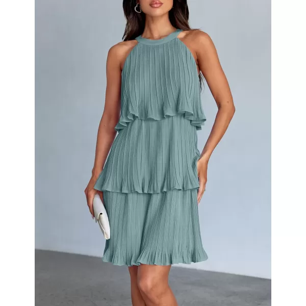 imageZESICA Womens 2024 Summer Halter Dresses Sleeveless Ruffle Tiered Layered Chiffon Pleated A Line Swing Mini DressSage