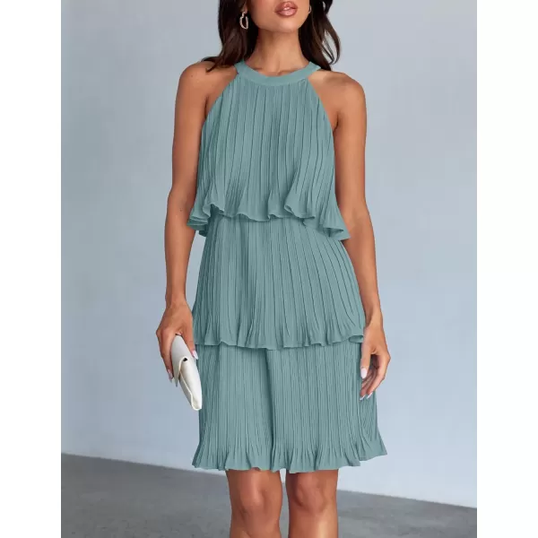 imageZESICA Womens 2024 Summer Halter Dresses Sleeveless Ruffle Tiered Layered Chiffon Pleated A Line Swing Mini DressSage