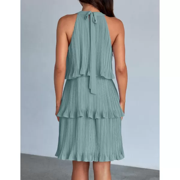 imageZESICA Womens 2024 Summer Halter Dresses Sleeveless Ruffle Tiered Layered Chiffon Pleated A Line Swing Mini DressSage