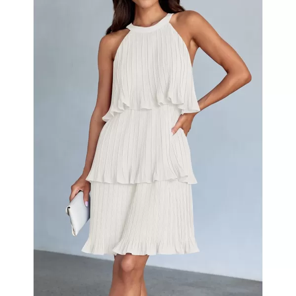 imageZESICA Womens 2024 Summer Halter Dresses Sleeveless Ruffle Tiered Layered Chiffon Pleated A Line Swing Mini DressWhite