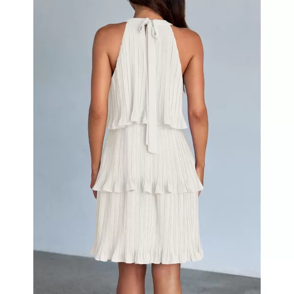 imageZESICA Womens 2024 Summer Halter Dresses Sleeveless Ruffle Tiered Layered Chiffon Pleated A Line Swing Mini DressWhite