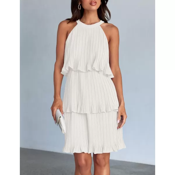 imageZESICA Womens 2024 Summer Halter Dresses Sleeveless Ruffle Tiered Layered Chiffon Pleated A Line Swing Mini DressWhite