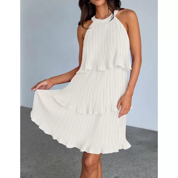 imageZESICA Womens 2024 Summer Halter Dresses Sleeveless Ruffle Tiered Layered Chiffon Pleated A Line Swing Mini DressWhite